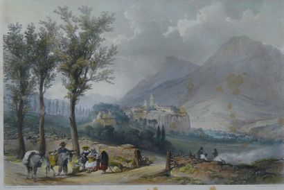 A set of four lithographs:
Embrun color lithograph...