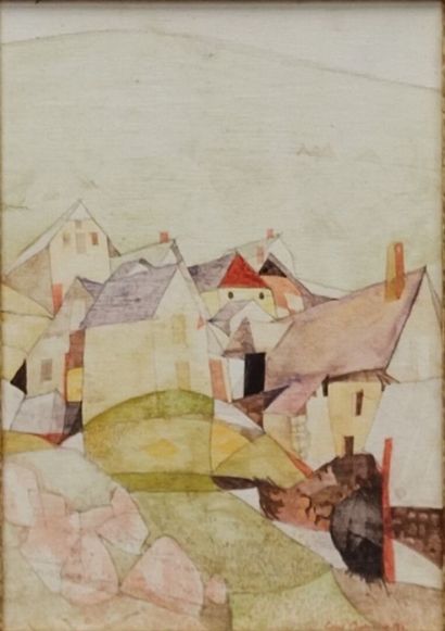 Guy AMEYE: Mountain Village 
Gouache on isorel...