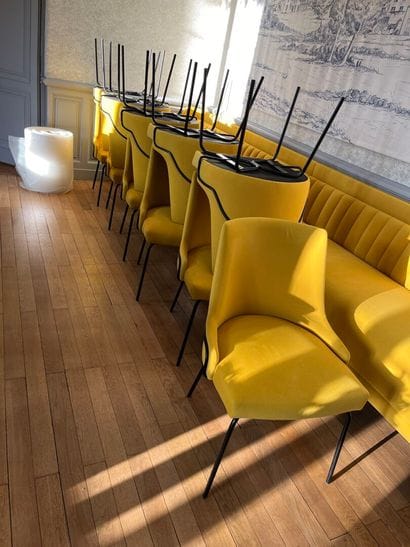 SET OF TWELVE CHAIRS in black lacquered metal...