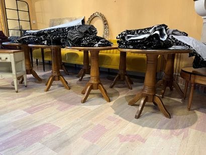 LOT of 8 natural wood pedestal tables with...