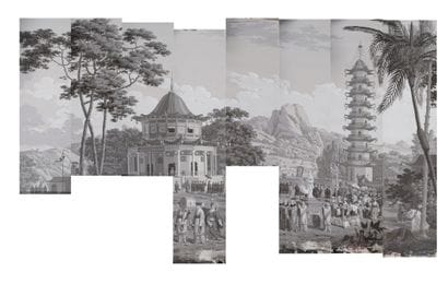 Procession chinoise, rare papier peint panoramique...