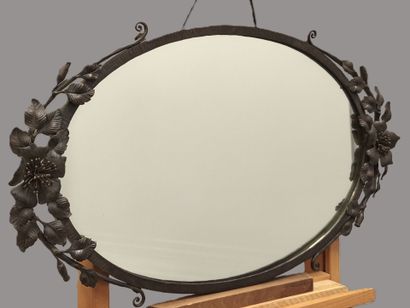 Oval hammered wrought-iron mirror with rosehip...