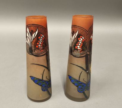 LEGRAS 
Pair of truncated cone-shaped vases...