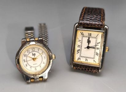 LIP 
Two watches, one round with metal bracelet,...