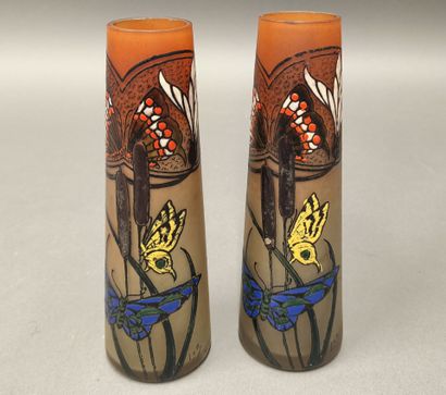 LEGRAS 
Pair of truncated cone-shaped vases...