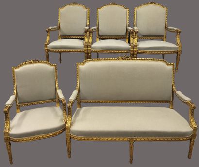Louis XVI salon furniture in gilded wood...