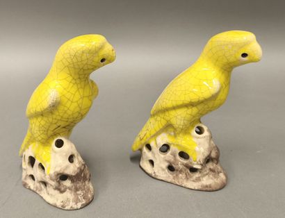 Pair of parakeets in yellow crackle glazed...