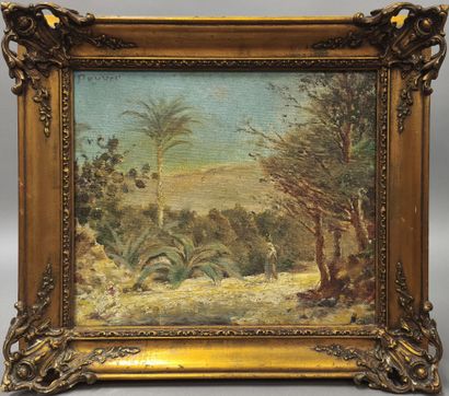 Oasis landscape with water carrier 
Oil on...