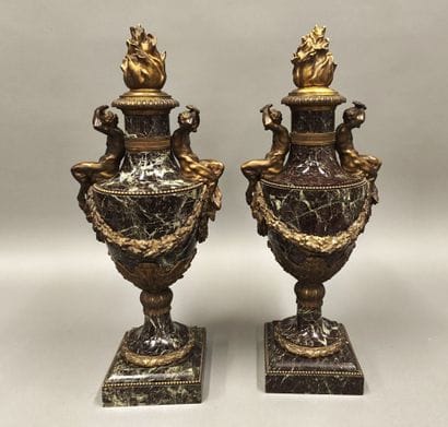 Pair of green marble and gilt bronze baluster-shaped...