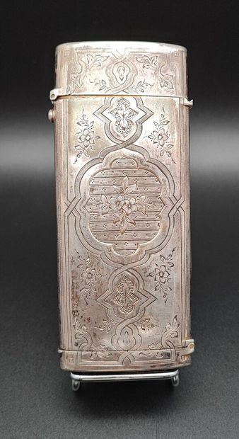 Flat silver case engraved with scrolls and...