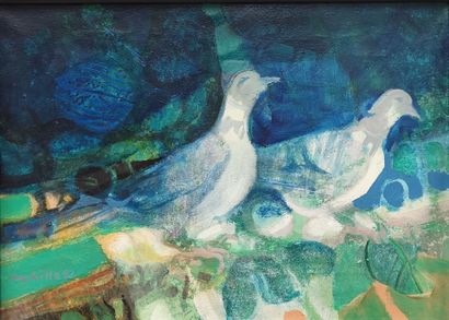 Paul AMBILLE (1930-2010) 
Two pigeons
Oil...