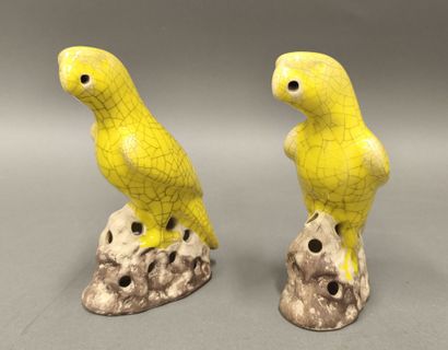 Pair of parakeets in yellow crackle glazed...