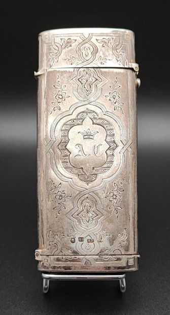 Flat silver case engraved with scrolls and...