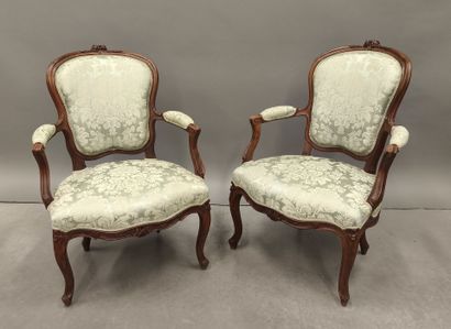 Pair of cabriolet armchairs in natural wood...