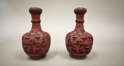 CHINA, 20th century. Pair of cinnabar lacquer...