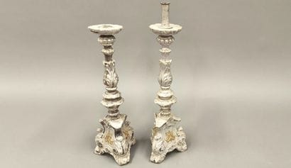 Pair of silver-plated carved wood candelabra...
