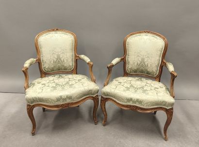 Pair of cabriolet armchairs in natural wood...
