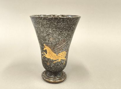 Enameled stoneware horn vase with gilded...