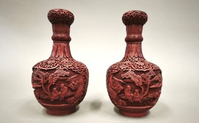 CHINA, 20th century. Pair of cinnabar lacquer...