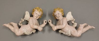 ITALY. Pair of cherubs in carved lacquered...