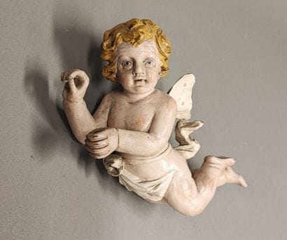 ITALY. Pair of cherubs in carved lacquered...