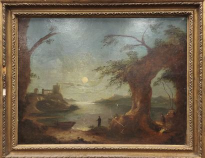 Early 19th century school. Fire in the moonlight....