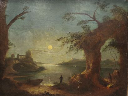 Early 19th century school. Fire in the moonlight....