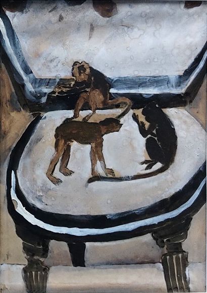 Max JACOB (1876-1944). Monkeys on a seat
Gouache....