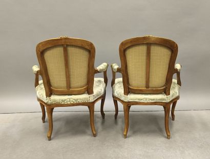 Pair of cabriolet armchairs in natural wood...