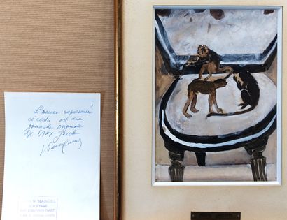 Max JACOB (1876-1944). Monkeys on a seat
Gouache....