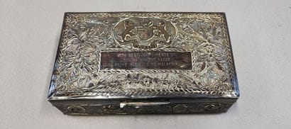 MALAYSIA. Wooden case covered with silver...