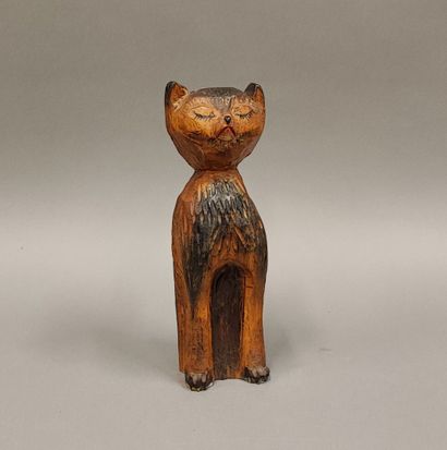 Chat stylisé en bois sculpté et peint - H.33...
