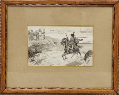Marius ROY (1833-1921). Chasseur devant l'empereur
Lavis,...