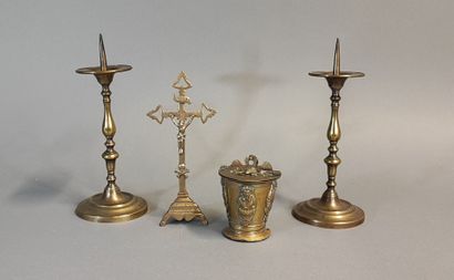 Bronze cross and bronze incense holder with...