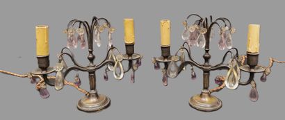 Pair of brass two-light girandoles with pendants.
H....