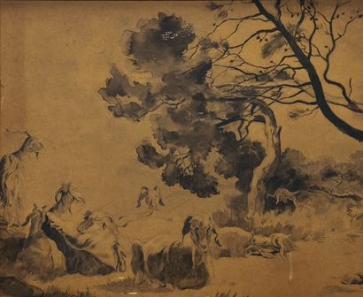 Ecole début XIXème siècle. Paysage aux chèvres,...