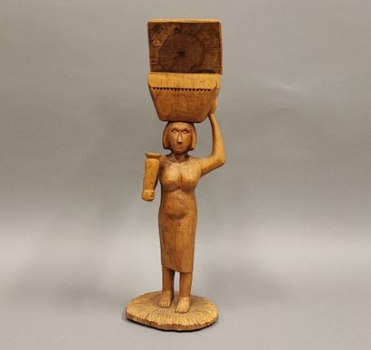 Chat stylisé en bois sculpté et peint - H.33...