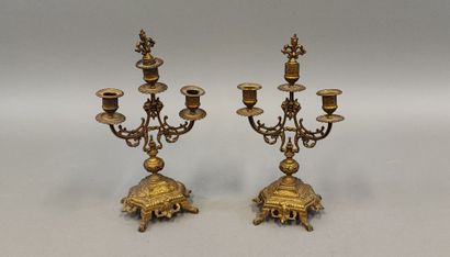 Pair of bronze three-light candlesticks decorated...