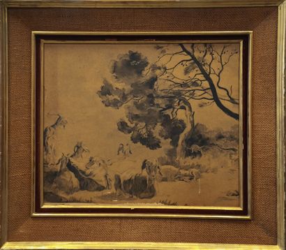 Ecole début XIXème siècle. Paysage aux chèvres,...