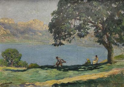 Lucien JONAS (1880-1947). Paysage animé au...