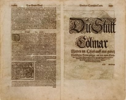 Carte de Colmar. 
Gravure sur bois rehaussée...