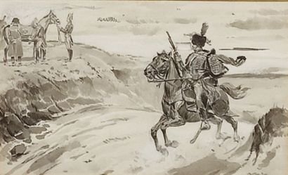 Marius ROY (1833-1921). Chasseur devant l'empereur
Lavis,...