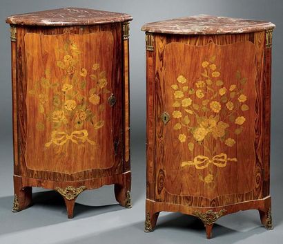 Paire d'encoignures en placage de bois de...