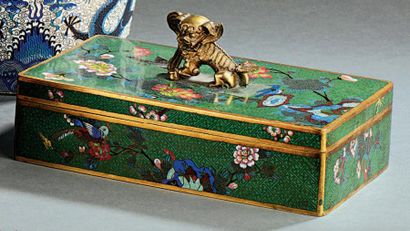 Boîte rectangulaire couverte en bronze, émaux...