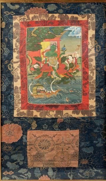 Thangka encadrée, encre et couleurs sur toile...