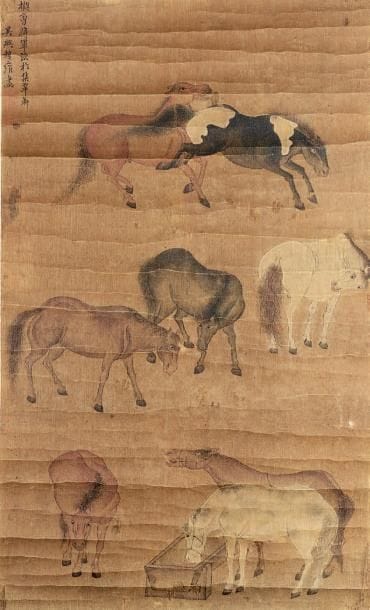 Peinture à l'encre et couleurs sur soie représentant...