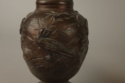 ASIE. Paire de vases Gu en bronze à décor...