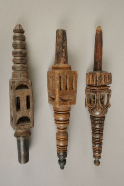 Set of 3 carved wooden ox yokes.
H: 24 to...