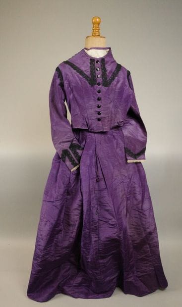 Day dress in purple silk moiré, circa 1860–1870....