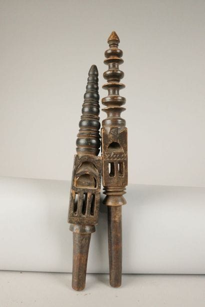 Set of 2 carved wooden ox yokes.
H: 33 and...
